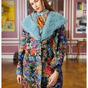Floral Multicolor Faux Fur-Trim Coat - Blue Collar (Brand Aratta)